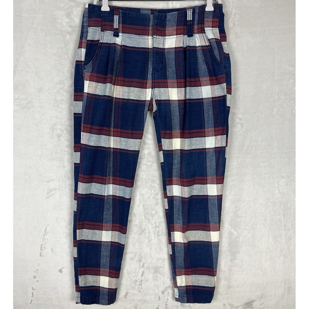 FREE PEOPLE Women's Pants 2 Blue Plaid Pleated Pocket Tapered Trousers Modern